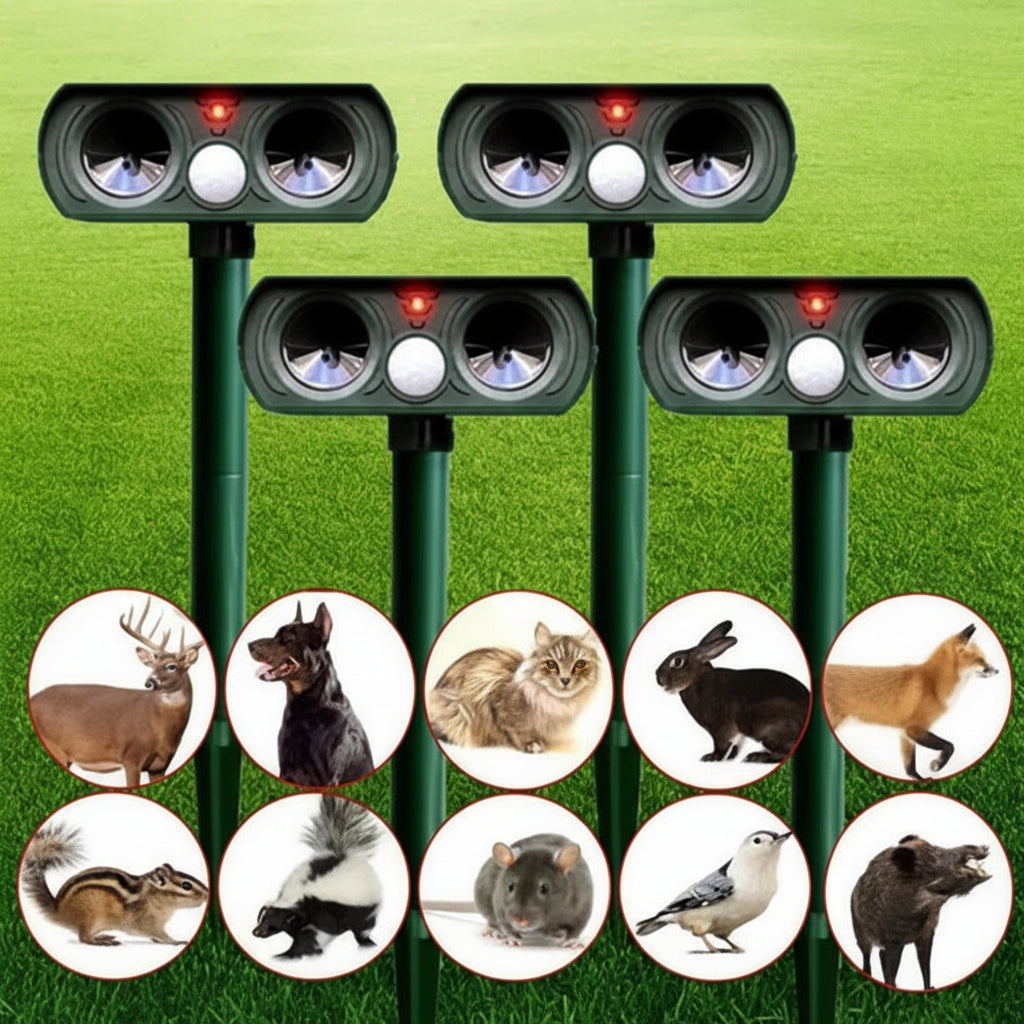 Solar Ultrasonic Animal Repeller Garden Pest Deterrent with PIR Motion Sensor and Flashing LED Light on Ground Stake for Cats | Foxes and Rabbits