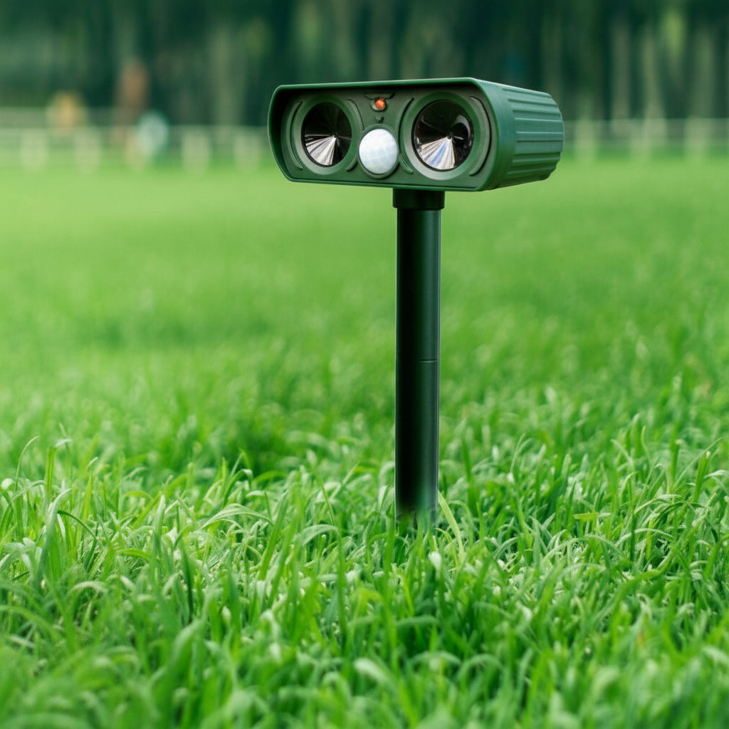 Solar Ultrasonic Animal Repeller Garden Pest Deterrent with PIR Motion Sensor and Flashing LED Light on Ground Stake for Cats | Foxes and Rabbits