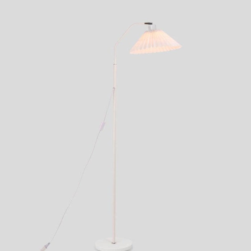 Pleated Fabric Shade Floor Lamp with Curved Metal Arm for Living Room