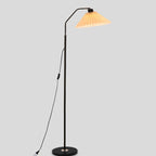 Pleated Fabric Shade Floor Lamp with Curved Metal Arm for Living Room