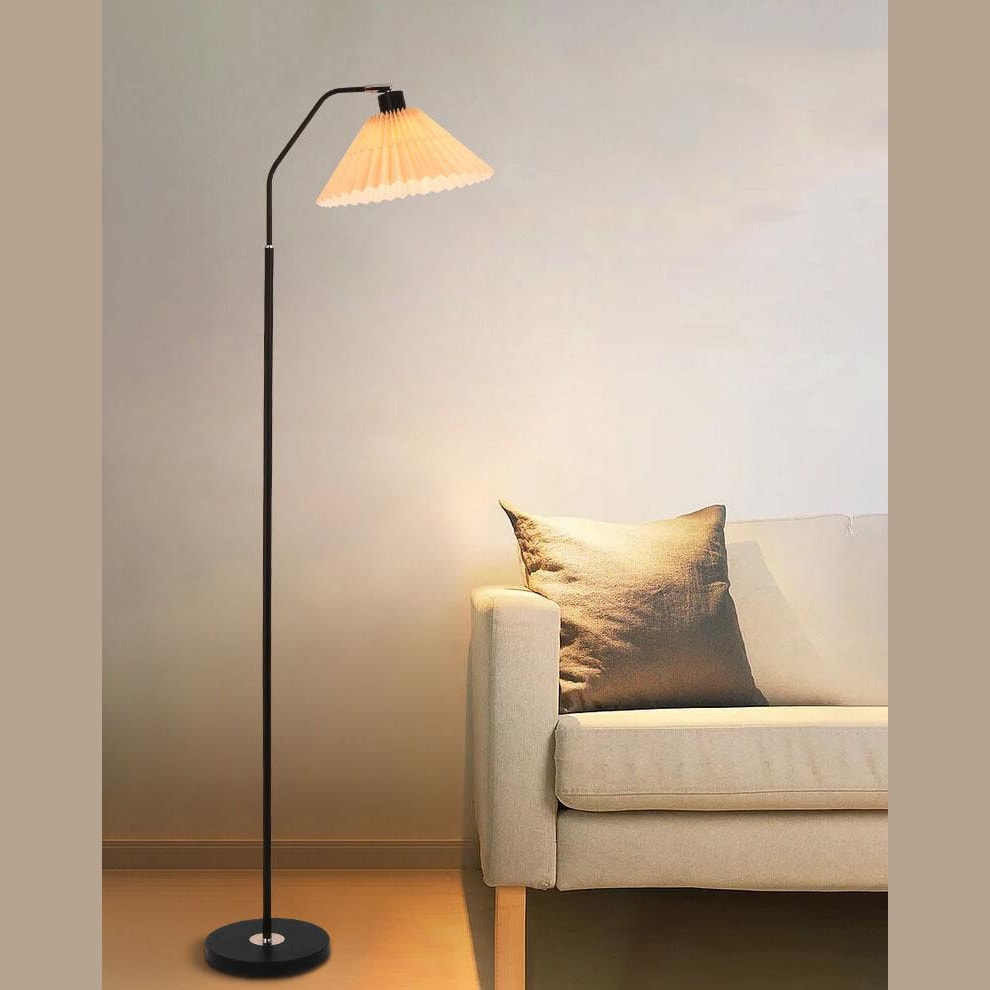 Pleated Fabric Shade Floor Lamp with Curved Metal Arm for Living Room