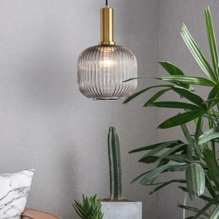 Ribbed Glass Pendant Lights With Metal Tube Fitting