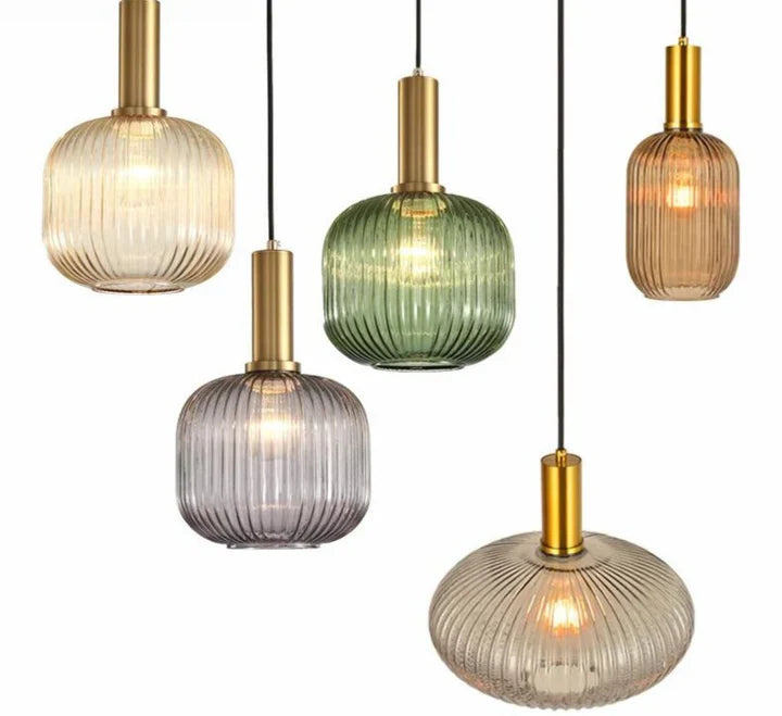 Ribbed Glass Pendant Lights With Metal Tube Fitting