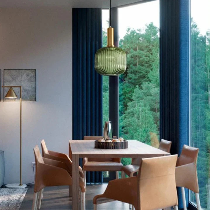 Ribbed Glass Pendant Lights With Metal Tube Fitting