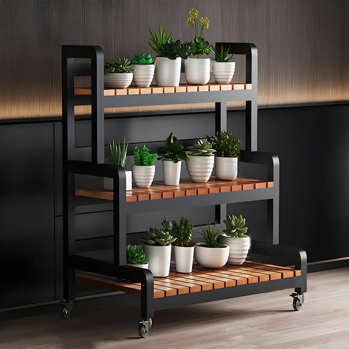 Tiered Plant Stand with Wheels Rolling Wooden Plant Shelf with Metal Frame Indoor Flower Pot Display Rack for Living Room | Conservatory and Office
