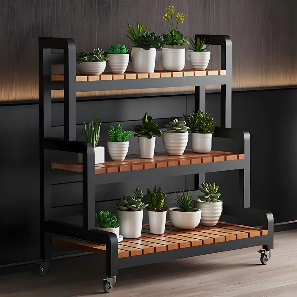 Tiered Plant Stand with Wheels Rolling Wooden Plant Shelf with Metal Frame Indoor Flower Pot Display Rack for Living Room | Conservatory and Office