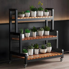 Tiered Plant Stand with Wheels Rolling Wooden Plant Shelf with Metal Frame Indoor Flower Pot Display Rack for Living Room | Conservatory and Office