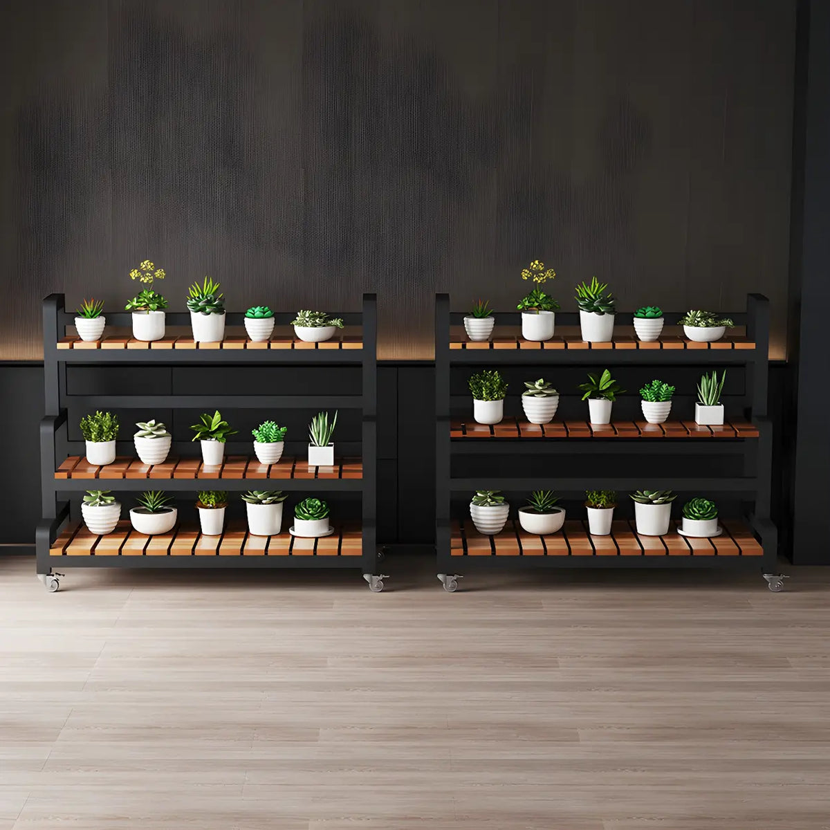 Tiered Plant Stand with Wheels Rolling Wooden Plant Shelf with Metal Frame Indoor Flower Pot Display Rack for Living Room | Conservatory and Office