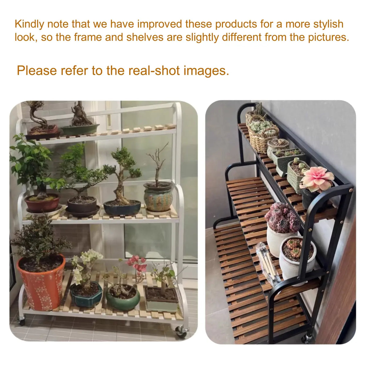 Tiered Plant Stand with Wheels Rolling Wooden Plant Shelf with Metal Frame Indoor Flower Pot Display Rack for Living Room | Conservatory and Office