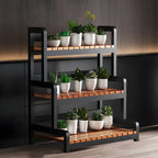 Tiered Plant Stand with Wheels Rolling Wooden Plant Shelf with Metal Frame Indoor Flower Pot Display Rack for Living Room | Conservatory and Office