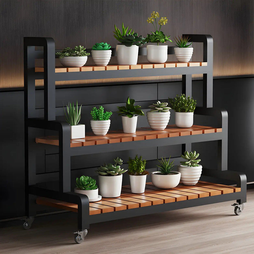 Tiered Plant Stand with Wheels Rolling Wooden Plant Shelf with Metal Frame Indoor Flower Pot Display Rack for Living Room | Conservatory and Office