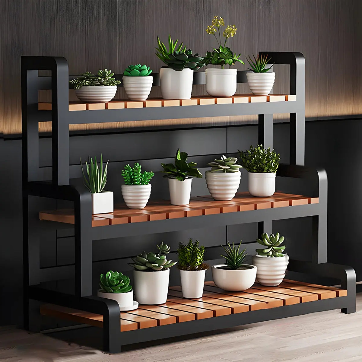 Tiered Plant Stand with Wheels Rolling Wooden Plant Shelf with Metal Frame Indoor Flower Pot Display Rack for Living Room | Conservatory and Office