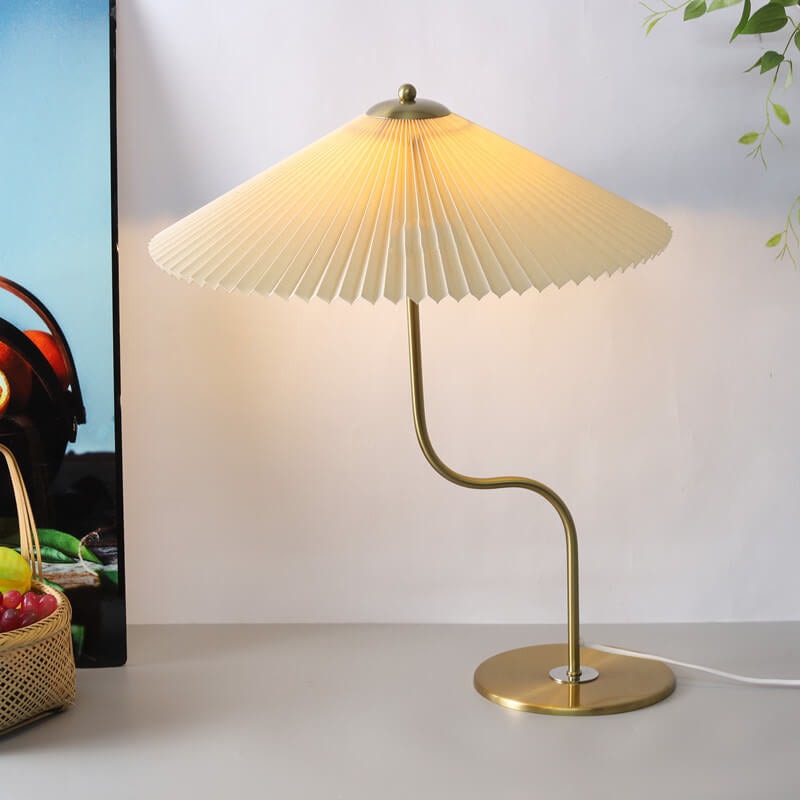 Retro Pleated Umbrella Table Lamp with Curved Brass Stem for Bedside