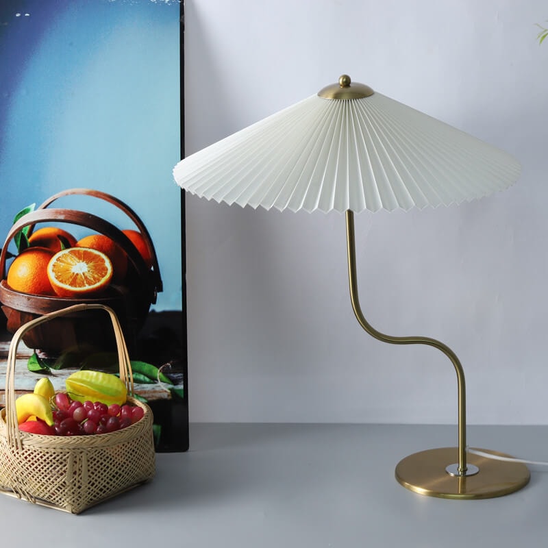 Retro Pleated Umbrella Table Lamp with Curved Brass Stem for Bedside