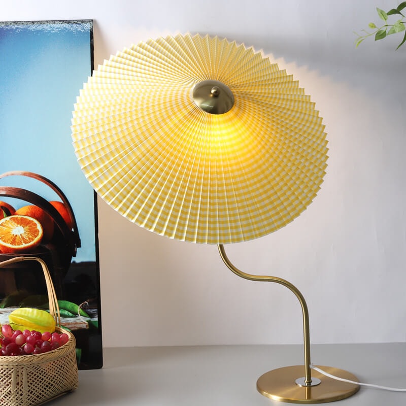 Retro Pleated Umbrella Table Lamp with Curved Brass Stem for Bedside