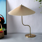 Retro Pleated Umbrella Table Lamp with Curved Brass Stem for Bedside