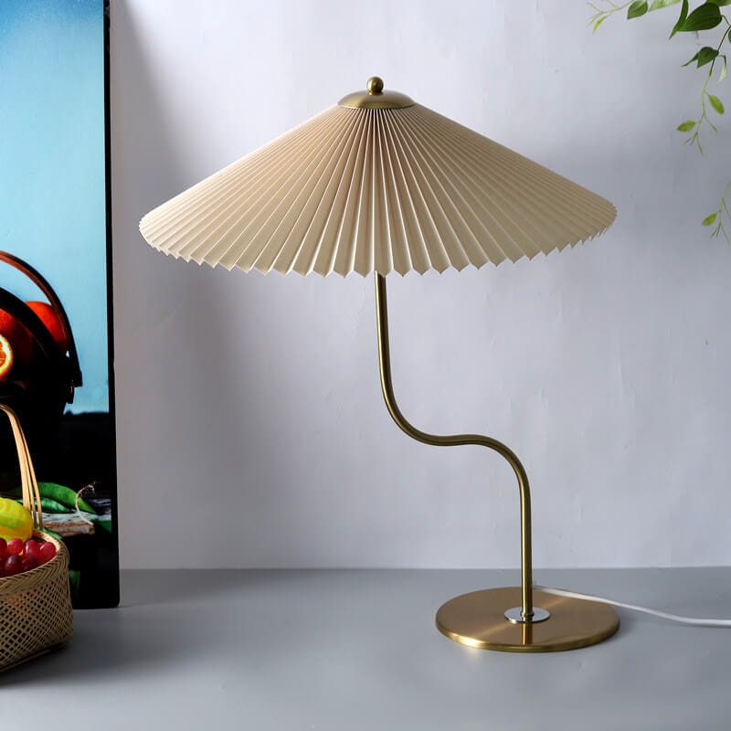 Retro Pleated Umbrella Table Lamp with Curved Brass Stem for Bedside