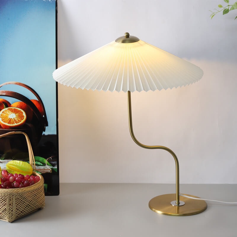 Retro Pleated Umbrella Table Lamp with Curved Brass Stem for Bedside