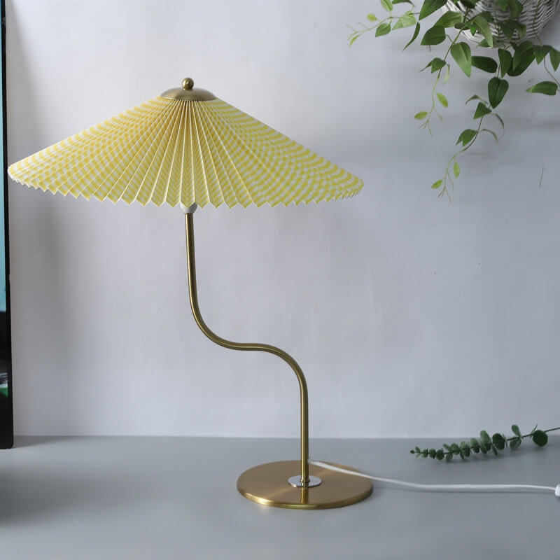 Retro Pleated Umbrella Table Lamp with Curved Brass Stem for Bedside