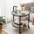 Round Two Tier Rolling Side Table with Handle and Raised Tray Shelves