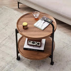 Round Two Tier Rolling Side Table with Handle and Raised Tray Shelves