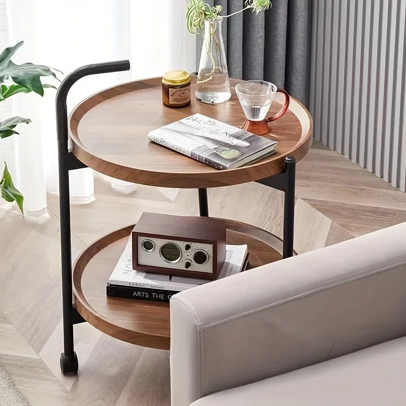 Round Two Tier Rolling Side Table with Handle and Raised Tray Shelves