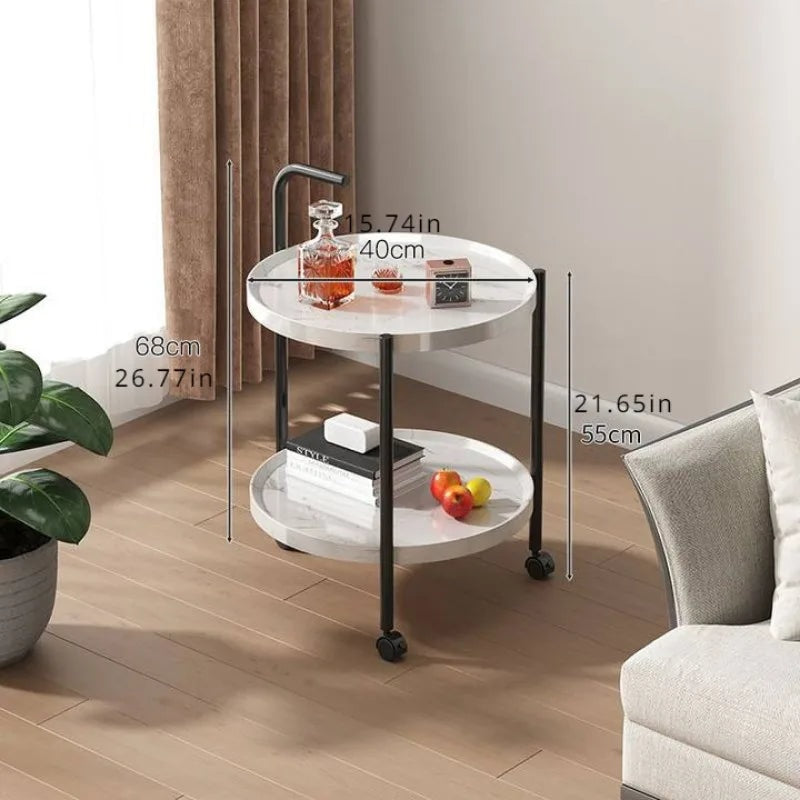 Round Two Tier Rolling Side Table with Handle and Raised Tray Shelves
