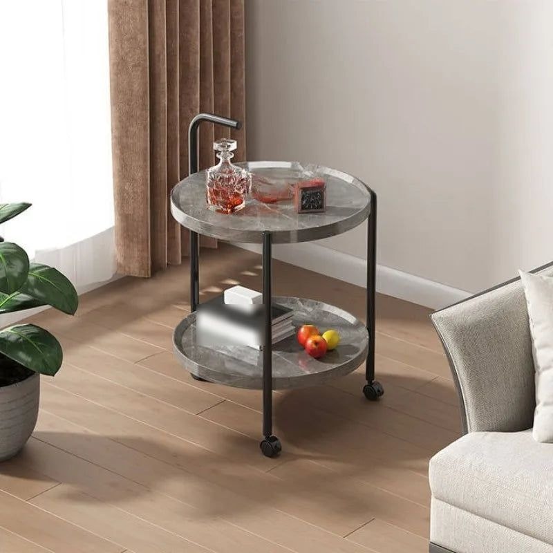 Round Two Tier Rolling Side Table with Handle and Raised Tray Shelves