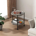 Round Two Tier Rolling Side Table with Handle and Raised Tray Shelves