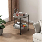 Round Two Tier Rolling Side Table with Handle and Raised Tray Shelves