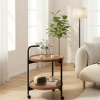 Round Two Tier Rolling Side Table with Handle and Raised Tray Shelves