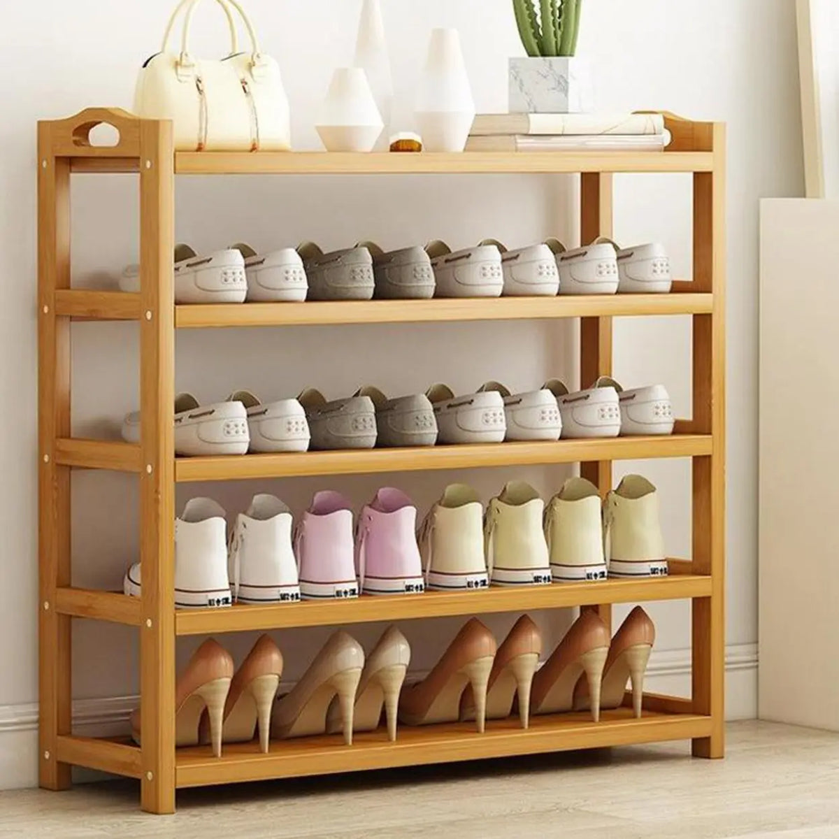 Bamboo Shoe Rack Open Freestanding Shoe Shelf Unit Scandinavian Wooden Shoe Storage Organiser with Carry Handles for Hallway | Entryway and Bedroom