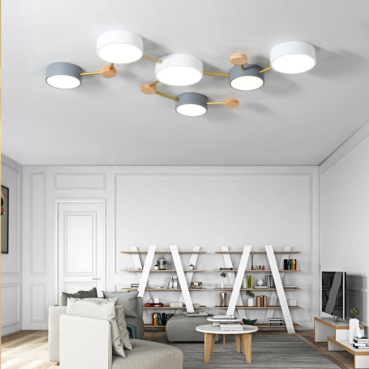 Scandinavian LED Flush Mount Ceiling Light with Wooden Joints and Round Shades