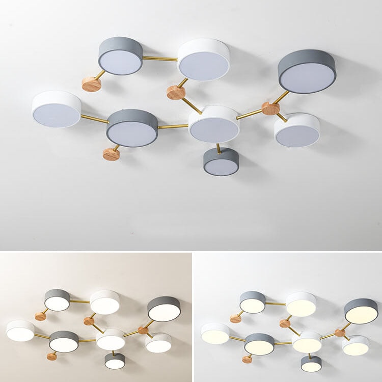 Scandinavian LED Flush Mount Ceiling Light with Wooden Joints and Round Shades
