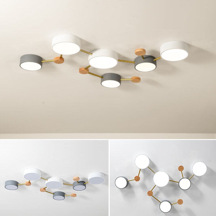 Scandinavian LED Flush Mount Ceiling Light with Wooden Joints and Round Shades