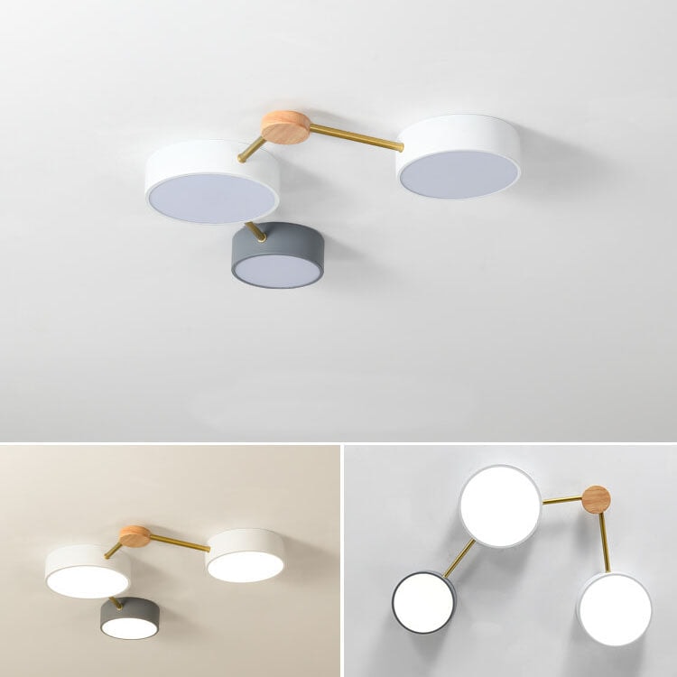 Scandinavian LED Flush Mount Ceiling Light with Wooden Joints and Round Shades
