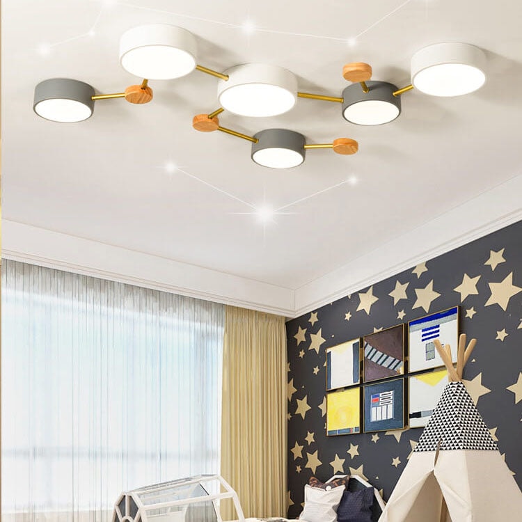 Scandinavian LED Flush Mount Ceiling Light with Wooden Joints and Round Shades