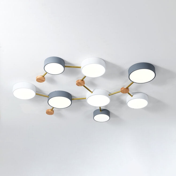 Scandinavian LED Flush Mount Ceiling Light with Wooden Joints and Round Shades