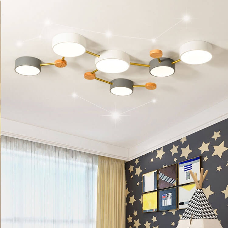 Scandinavian LED Flush Mount Ceiling Light with Wooden Joints and Round Shades