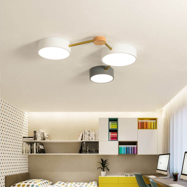 Scandinavian LED Flush Mount Ceiling Light with Wooden Joints and Round Shades
