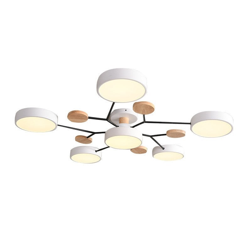 Scandinavian Molecule LED Ceiling Light with Round Shades and Wooden Discs