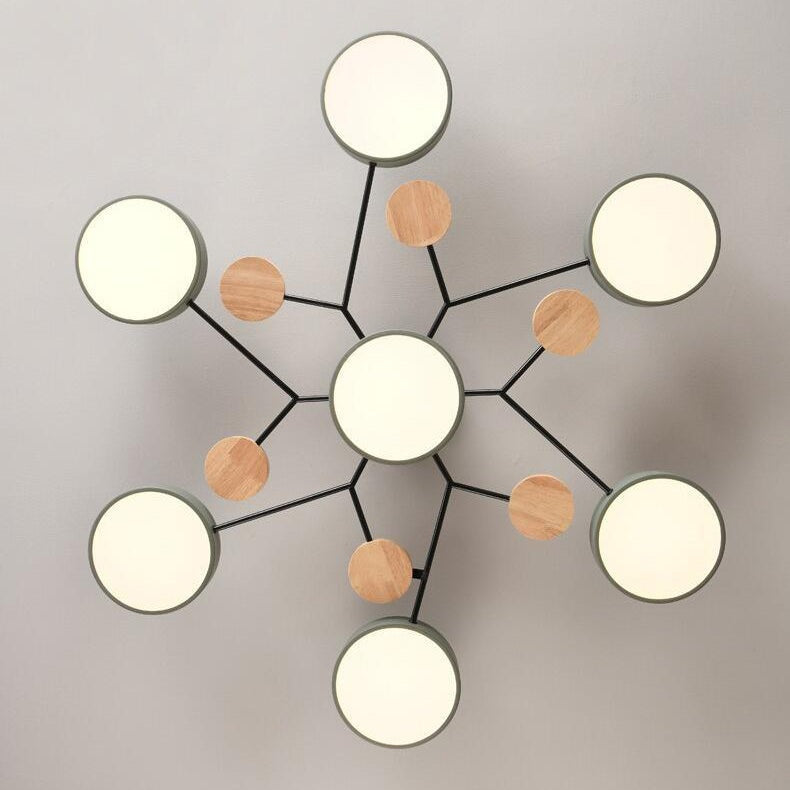 Scandinavian Molecule LED Ceiling Light with Round Shades and Wooden Discs