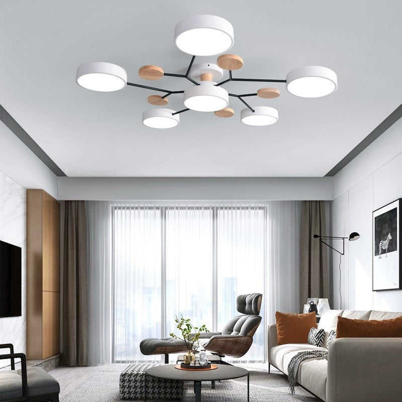 Scandinavian Molecule LED Ceiling Light with Round Shades and Wooden Discs