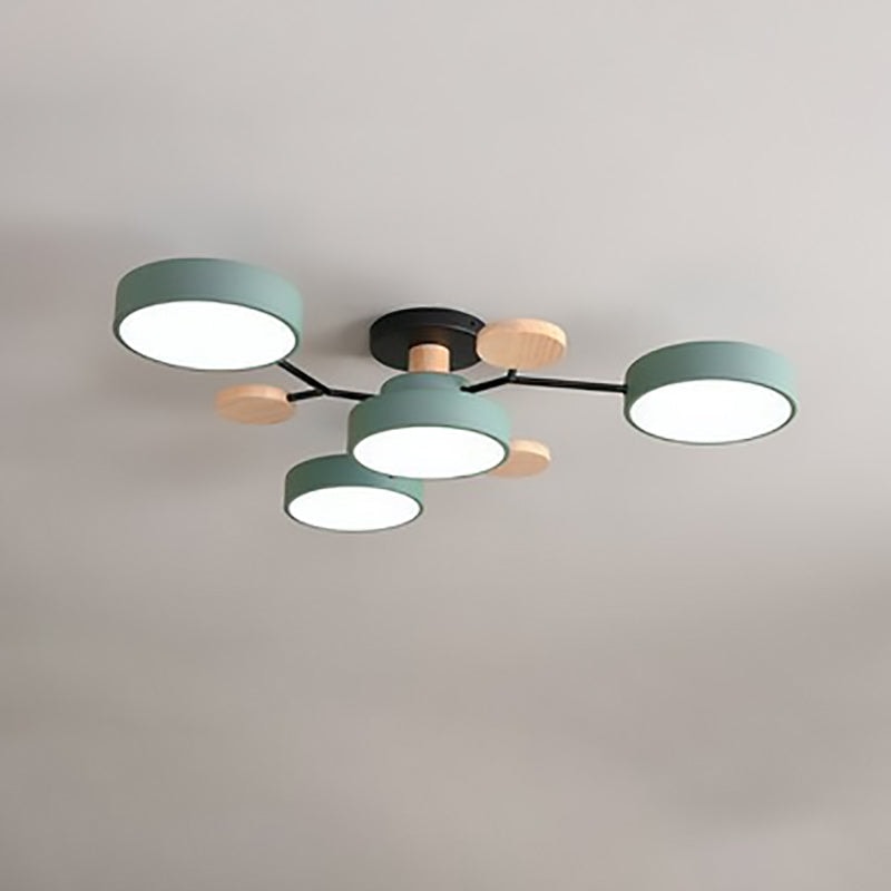 Scandinavian Molecule LED Ceiling Light with Round Shades and Wooden Discs