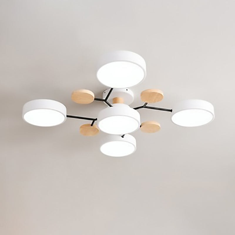 Scandinavian Molecule LED Ceiling Light with Round Shades and Wooden Discs