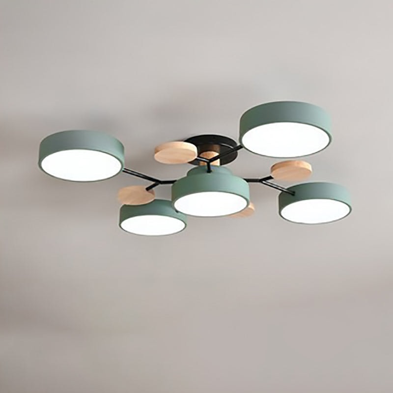 Scandinavian Molecule LED Ceiling Light with Round Shades and Wooden Discs