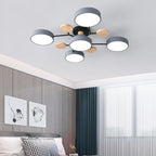 Scandinavian Molecule LED Ceiling Light with Round Shades and Wooden Discs