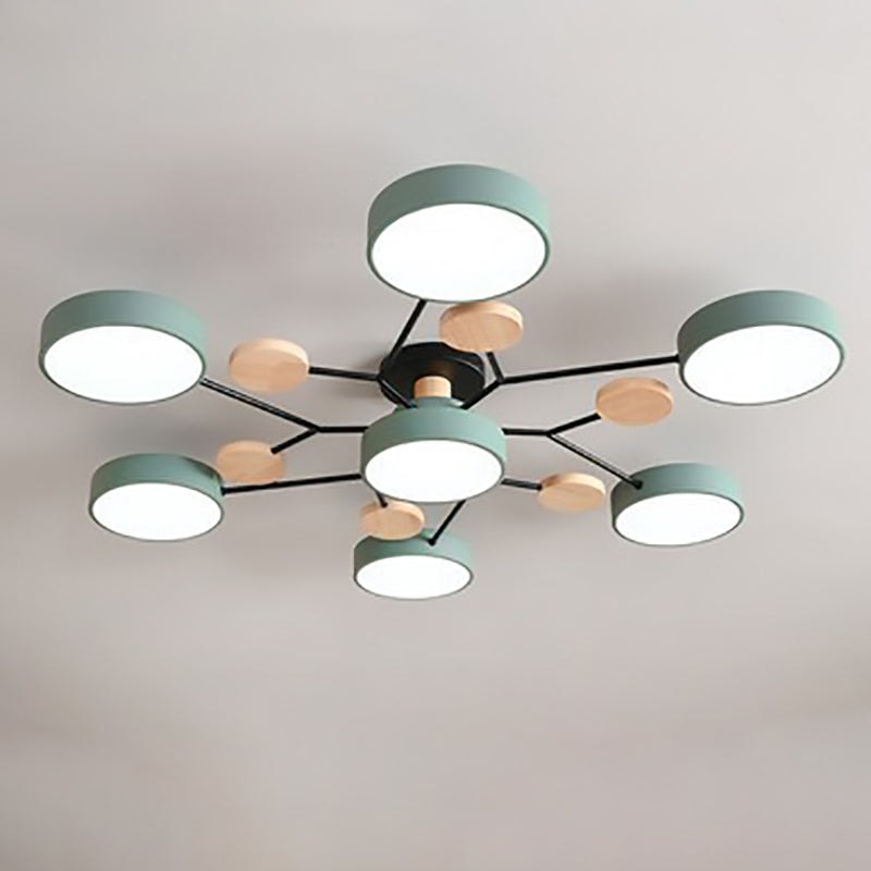 Scandinavian Molecule LED Ceiling Light with Round Shades and Wooden Discs