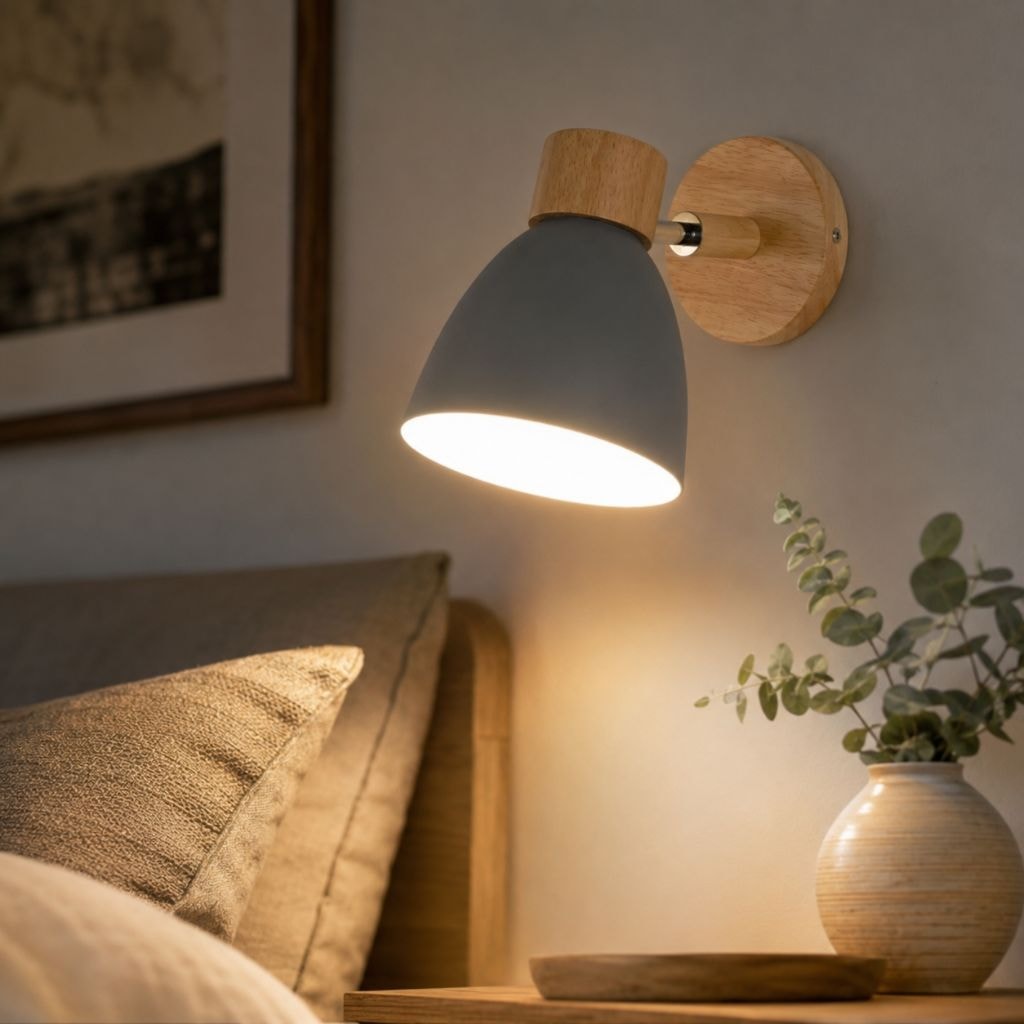 Scandinavian Wooden Wall Light with Angled Metal Bell Shade for Bedroom