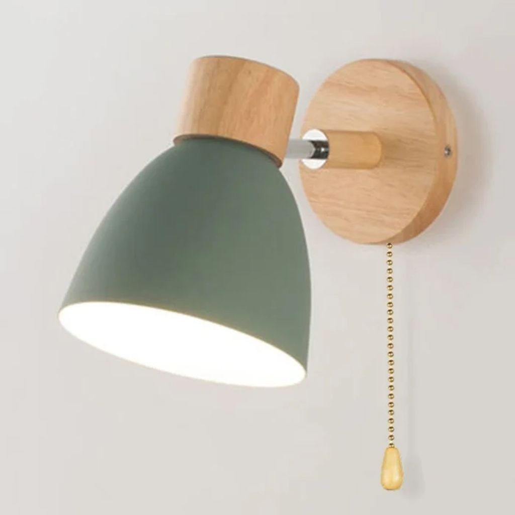 Scandinavian Wooden Wall Light with Angled Metal Bell Shade for Bedroom